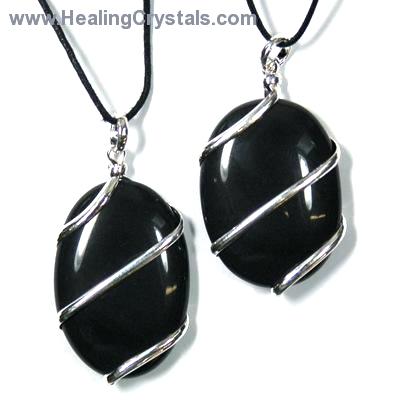 Crystal Pendants - Black Agate Cabochon Pendant (Wrapped)
