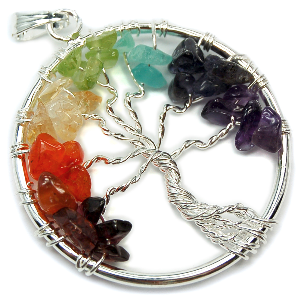 Amethyst Turquoise Chakra Gemstone Tree of Life Heart Silver Pendant Necklace 